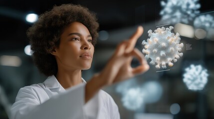 Close-up of scientist interacting with holographic virus structures through augmented reality interface, showing deep focus and emotional intensity, symbolizing futuristic biomedical research and