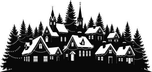 Obraz premium Charming winter village silhouette with snowcovered houses, church, and christmas trees adorned with festive lights