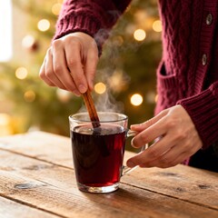 Cozy hands in a red knit sweater gently stir a steaming glass of mulled wine with a cinnamon stick on a rustic wooden table