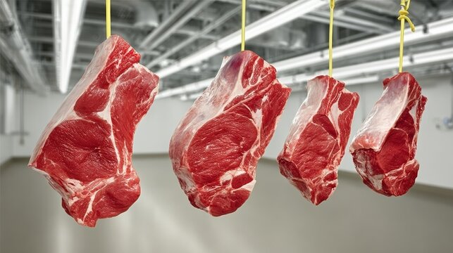 Fresh cuts of red meat hanging from yellow hooks in a modern meat processing facility, showcasing quality and freshness in a clean, industrial environment with bright lighting and polished surfaces