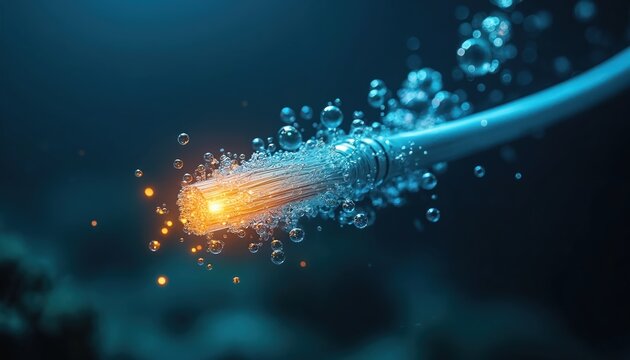 Glowing fiber optic cable transmits data underwater. Bubbles rise around submerged digital network wire. Bright orange light shines through clear glass strands, illuminating deep blue sea. Modern