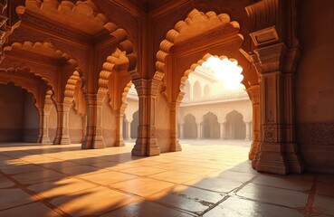 Ornate Indian architecture interior features many detailed arches, pillars inside vast space. Warm sunlight casts long shadows on stone floor of ancient palace courtyard. Historic building intricate