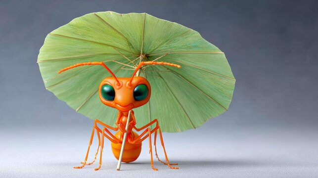 Colorful cartoon ant character holding a large green leaf umbrella, showcasing a whimsical design with vibrant colors and playful expression, perfect for children's illustrations and creative projects