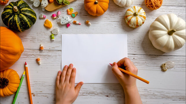 A person is writing on a white piece of paper with a pink pencil surrounded by various Halloween decorations