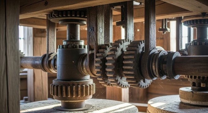 Wooden Gears of Windmill Interior for Mechanical Engineering Education, History Websites, Industrial Blog Posts, and Traditional Technology Visuals