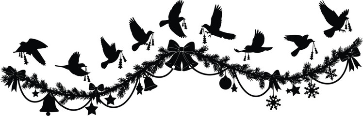 Silhouette of doves carrying christmas ornaments and decorations, a festive and peaceful garland, symbol of holiday spirit