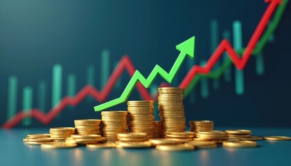 Gold coins stacked in front of upward trending financial charts. The business finance photo shows growth investment and economic success concepts. Finance graph shows progress and development.