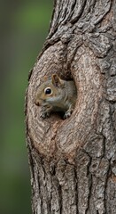 Obraz premium Curious eastern gray squirrel peering deep into a dark knot hole cavity high up on a large oak tree trunk searching for food or shelter ,brown, secretive, bark