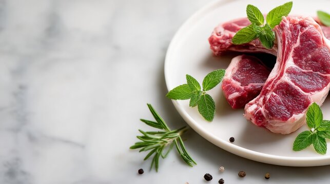 Fresh raw lamb chops arranged on a white plate, garnished with green mint leaves and rosemary, set against a soft marble background, showcasing culinary preparation and natural ingredients