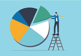 Investment asset allocation and rebalance concept, businessman investor or financial planner standing on ladder to arrange pie chart as rebalancing investment portfolio to suitable for risk and return