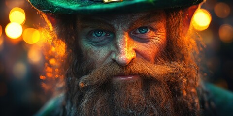 Intricately Detailed Portrait of a Mysterious Leprechaun with Striking Blue Eyes and Lush Green Attire Surrounded by Enchanting Bokeh Effects