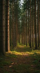 Fototapeta premium Vast, dense woodland area filled with tall pine and spruce trees growing upward, managed sustainably for future wood material harvesting and production ,green ,growth ,timber