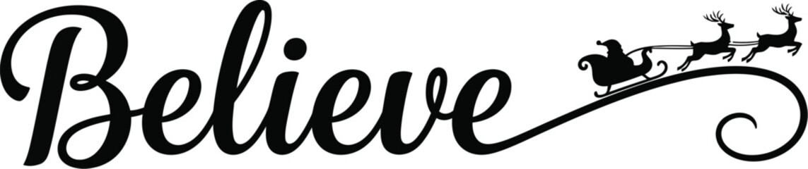 Believe text with santa claus and reindeer festive black vector illustration for christmas and new year holiday season