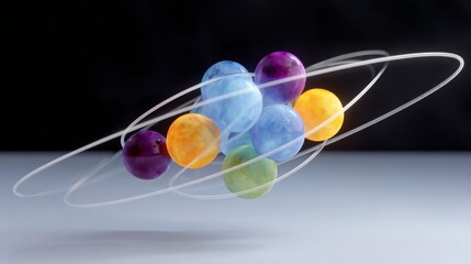 Colorful atomic model featuring vibrant spheres representing protons, neutrons, and electrons, surrounded by dynamic orbits, illustrating fundamental concepts of chemistry and atomic structure in a vi