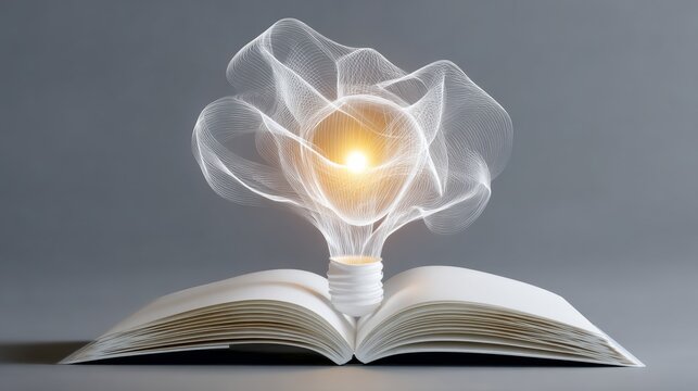 Open book with glowing light bulb illustration emerging from pages, symbolizing creativity and knowledge, showcasing innovative ideas and inspiration in a visually striking manner