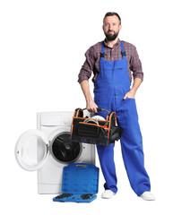 Professional repairman with tools near broken washing machine on white background