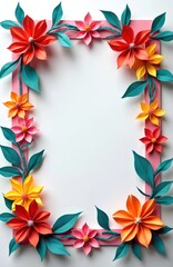 Obraz premium Paper flowers frame colorful design with green leaves, pink border. Bright floral decoration for invitations cards, banners, or photo displays. Craft art.