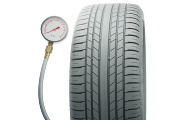 Tire pressure gauge connected to a car tire, isolated on transparent background