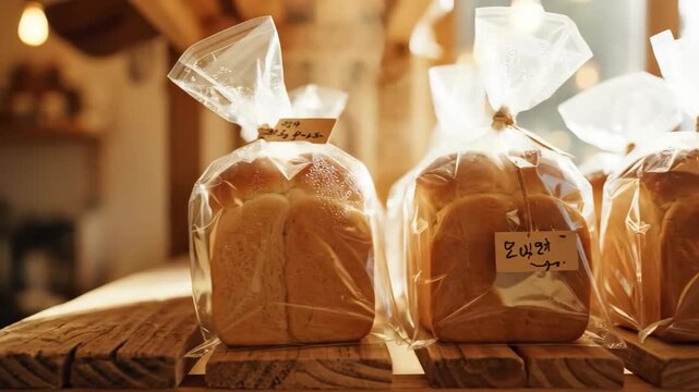 Fresh baked sandwich loaf of bread wrapped and packaged clear bags wooden bakery shelf warm baked