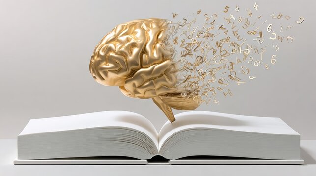 Golden brain emerging from open book, surrounded by floating numbers and symbols, representing knowledge, creativity, and the connection between literature and intellect in a conceptual illustration