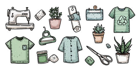 Hand drawn collection of sewing and crafting items with plants and eco friendly t shirts