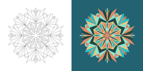 Obraz premium Two pixelated mandala designs, one in black and white and the other in color, showcasing intricate geometric patterns and a retro aesthetic, perfect for digital art