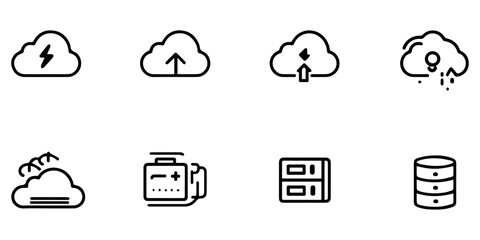 Set of hand drawn cloud computing icons representing various digital services and data storage