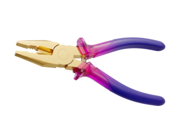 Gold combination pliers with purple and pink handles isolated on transparent background