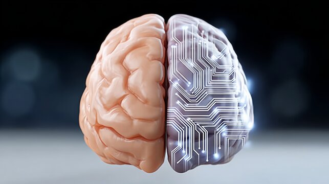Human brain illustration showcasing the contrast between organic structure and digital circuitry, symbolizing the fusion of biology and technology in modern cognitive science and artificial intelligen