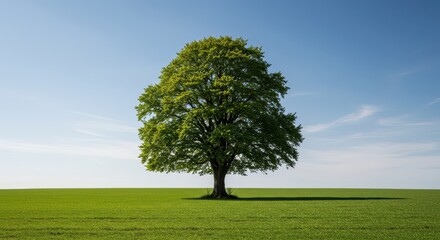 Fototapeta premium A magnificent European beech tree standing isolated in a vast green field against a clear sky, symbolizing strength and loneliness, field, peaceful, backdrop
