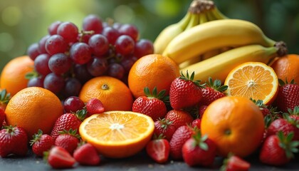 Variety of fruits arranged. Strawberries oranges grapes and bananas. Vitamin-rich food closeup. Healthy eating concept. Fresh summer fruit mix on table.