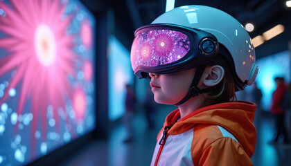 Young child wears futuristic white helmet with vivid virtual display. Kid explores digital world on interactive screen. Future education, tech innovation, modern learning experience. Next generation