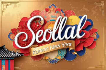 Seollal celebration Happy Traditional Korean New Year Family Greeting Card postcard AI Generative