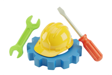 Toy construction tools and hard hat isolated on transparent background
