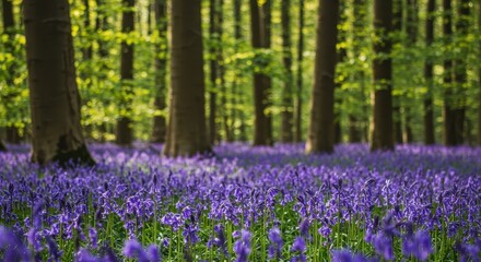 Obraz premium A stunning natural carpet of vibrant bluebell flowers covering the forest floor under bright springtime light creating an idyllic scene, growth, natural, idyllic