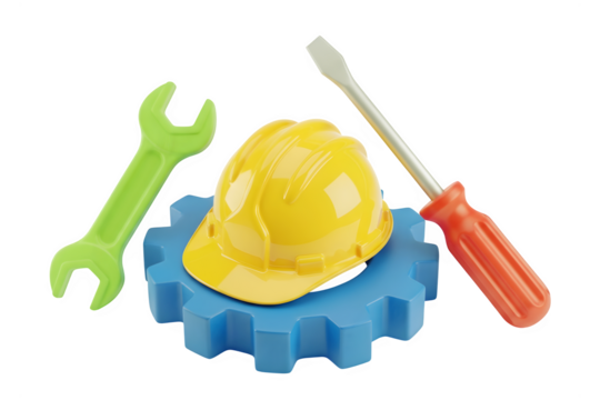 Toy construction tools and hard hat isolated on transparent background