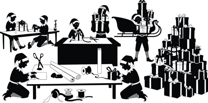 Santas workshop bustling with elves preparing gifts, wrapping presents, and loading sleighs for christmas