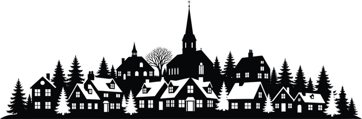 Silhouette of a snowy village with church and houses, perfect for christmas cards and winter holiday designs