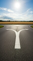 Fototapeta premium An empty asphalt four-way intersection on a sunny day surrounded by fields, symbolizing decision making and different possible future directions, choice, long, opportunity
