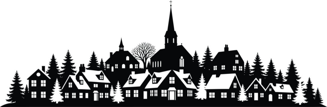 Silhouette of a snowy village with church and houses, perfect for christmas cards and winter holiday designs