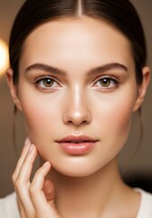 Fototapeta premium Captivating close-up portrait of a serene young woman with radiant, healthy skin, reflecting natural beauty and elegance, ideal for skincare and wellness concepts