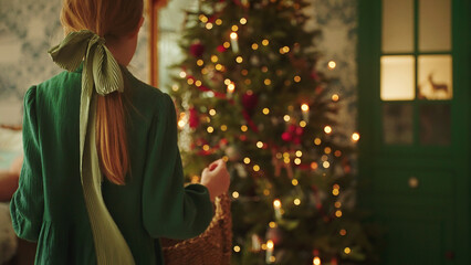 Back view of girl in green dress carrying basket of ornaments toward glowing Christmas tree. Soft bokeh background. Perfect for holiday background, and marketing with copy space. Christmas background