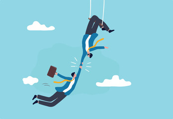 Trustworthy and honesty to believe in work together, integrity or trust for partnership, support and reliable to help success together concept, businessman acrobat hold hand tight by trusted partner.