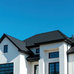 Obraz premium Impressive luxury residential property featuring a stark white facade and a dramatic black shingled roof against a bright blue sky ,building, contrast, structure