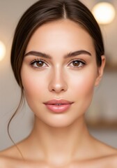 Fototapeta premium Portrait of a young woman with natural makeup, showing flawless skin and gentle eyes, exuding a sense of calm and beauty
