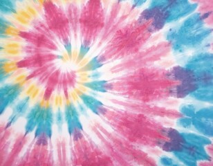 Colorful tie dye fabric pattern. Bright spiral background design shows pink, blue, yellow, purple colors swirl together. Abstract artistic textile evokes vibrant psychedelic hippie style. Trendy