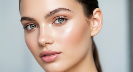 Fototapeta premium Close-up portrait of a beautiful young woman with flawless, radiant skin and natural makeup, showcasing healthy complexion and a fresh, confident look