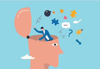 Declutter your mind, clear your brain to regain focus improve creative thinking ability, free up memory concept, ambitious businessman declutter, clean and clear all messy anxiety from his big head.