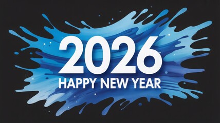 Happy New Year 2026 greeting card with white text on a vibrant blue ink splash background.