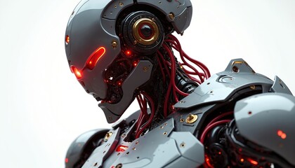 Detailed futuristic robot head shows intricate mech design, glowing red eyes. Advanced android machine presents complex tech, AI. Cybernetic form implies future engineering, automation, modern